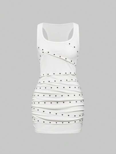 Grunge Punk Women's Sleeveless Backless Rivet Embellished Stretch Mini Dress With Strap Detail, Sexy And Versatile For Beach, Graduation, Easter, Concert, Vacation