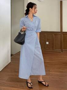 DAZY Damen Sommer Lässig/Berufskleidung langes Wickelkleid mit Streifenmuster und Knöpfen vorne