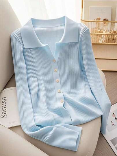 Franclia 新款春秋季修身短款法式Polo领时尚百搭女式针织开衫针织毛衣休闲穿搭春季大学秋冬女装