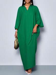 SOLERSUN Women's Fashionable V Neck Loose Batwing Sleeve Dress For Holiday Maxi Women Outfit - Green - View 3
