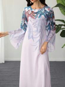 SHEIN Najma 热带植物印花圆领喇叭袖阿拉伯风格连衣裙 - 彩色 - 查看 1