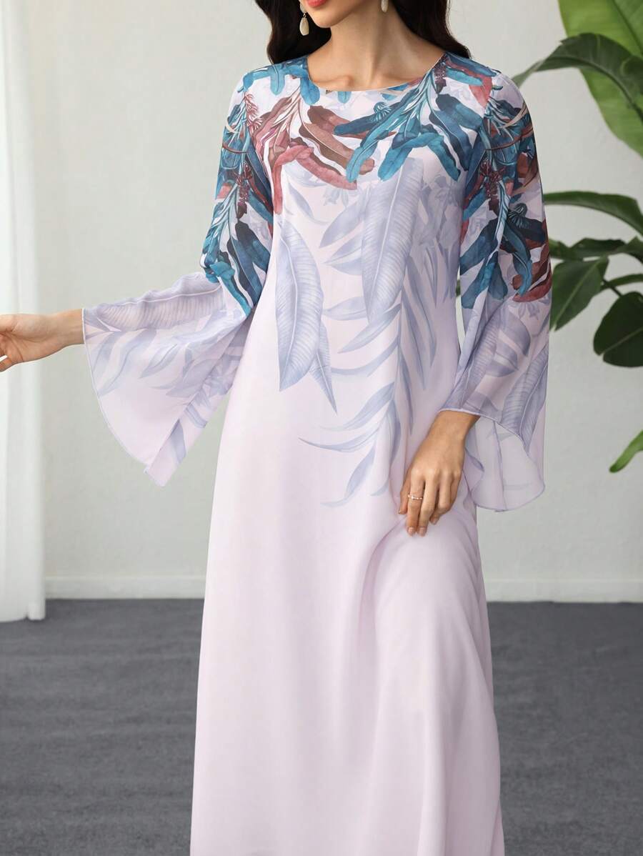 SHEIN Najma 热带植物印花圆领喇叭袖阿拉伯风格连衣裙 - 彩色 - 查看 1