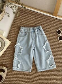 SHEIN Baby Boy Blue Summer Casual City Break Vintage Frayed Patchwork Star Print Wide Leg Loose Fit Denim Jeans,Soft Back-To-School Streetwear Outfit - Medium Wash - View 4