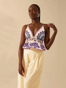 CAJUNI 女士波西米亚风彩色热带花卉印花深V领吊带露脐背心，休闲沙滩装，适合夏季度假