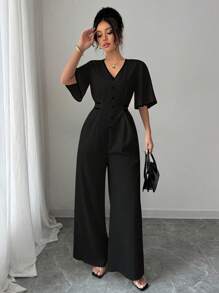 Rafferiza 女式短袖连体裤，撞色饰边，纽扣细节，V 领，抽绳腰部，修身款，适合度假