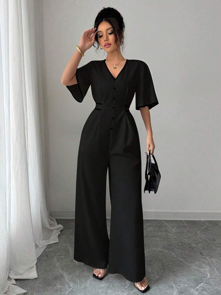 Rafferiza 女式短袖连体裤，撞色饰边，纽扣细节，V 领，抽绳腰部，修身款，适合度假