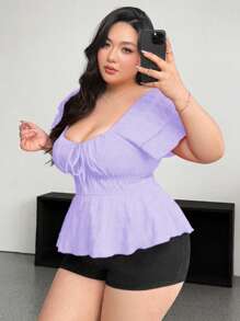 SHEIN MOOSTA 大码女式夏季纯色荷叶边短袖甜心领抽绳衬衫，娃娃装上衣