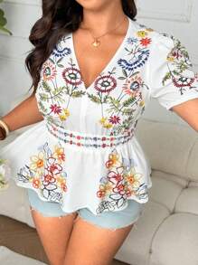 SHEIN CURVE+ Plus Size Women's Summer Floral Print Ruffle Hem Casual Blouse - Multicolor - View 5