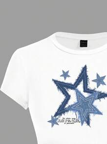 Tseoso 休闲简约紧身短款蓝色复古星星印花图案圆领棉质 T 恤，适合夏季、Y2K、复古、适合春假、返校季、复古 - 白色 - 查看 5