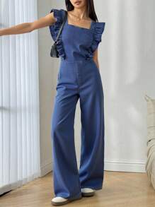 SHEIN 少女夏季纯色水洗无袖露背露背连体裤，带蝴蝶结和荷叶边装饰，休闲风格和休闲版型，女孩夏季海滩波西米亚风度假休闲装，狂欢音乐会节日装，返校 - 深色水洗藍 - 查看 2