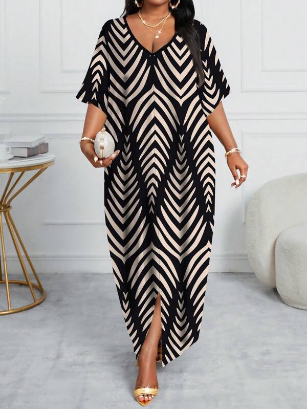 SHEIN Lady Plus Size Women Leaf & Floral Print Casual Dress, Suitable For Summer,Maxi Dress