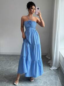 YkhahaElenzga Vestido de playa largo a rayas con decoración de flores 3D para mujeres, Verano 2025Ykhaha - Azul y blanco - Ver 2