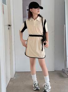 DAZY Girls Fall Outfit: Contrast Collar Short Sleeve T-Shirt + Skirt Fashion Set, Summer - Khaki - View 4