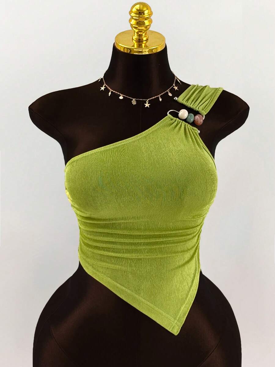 Amplova Plus Size Women's Colorful Beaded Decor Ruched Shoulder Top, Going Out Top Valentine's Day - Green - View 1