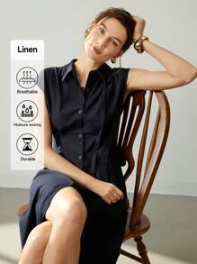 Uhlyne Rochie elegantă de înaltă calitate, stilată, de culoare solidă, casual, cu nasturi, design confortabil și elegant pentru rochie de vacanță din lenjerie, rochie fără mâneci - Albastru marin - Vizualizare 2