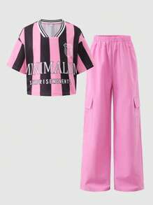 SHEIN Explorewe 2pcs/Set Older Girls' Classic Striped Contrast Print Casual T-Shirt & Loose Sporty Pocket Cargo Pants,Black Pink,Summer,Cow Boy,School,Back-To-School - Multicolor - View 1