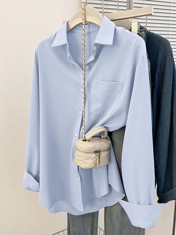 INAWLY Women Casual Solid Color Drop Shoulder Loose Blouse, Autumn Long Sleeve Shirt