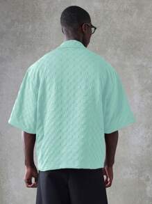 SUMWON Textured Crop Fit Revere Collar Short Sleeve Button Down Shirt Summer Casual Resort Vacation Lightweight Camp Collar Shirt - Teal Blue - View 3