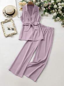 Seusyu 女士休闲西装套装，翻领无袖上衣和裤子两件套 - 淺灰紫 - 查看 1