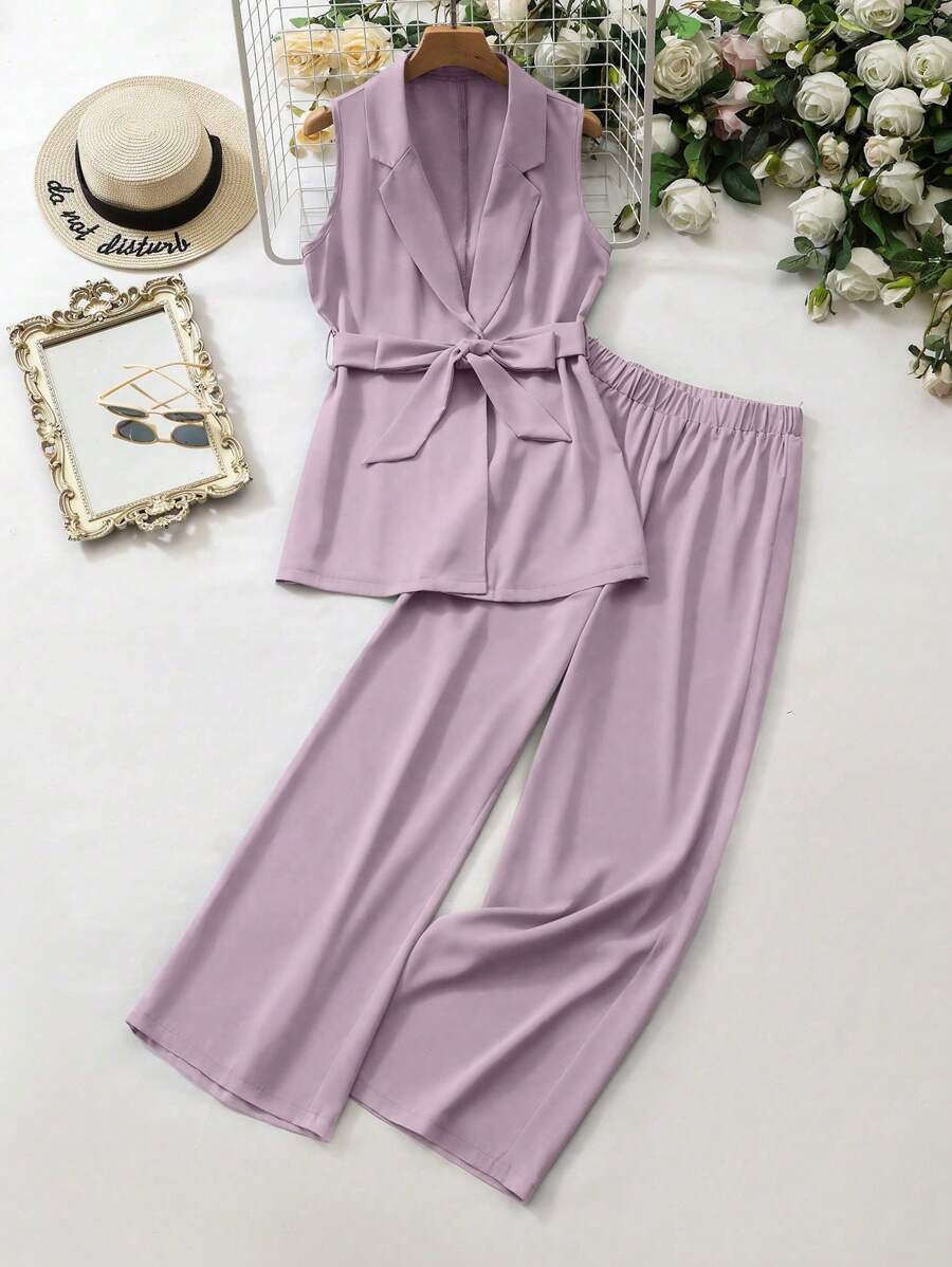 Seusyu 女士休闲西装套装，翻领无袖上衣和裤子两件套 - 淺灰紫 - 查看 1