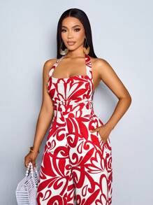 SOLERSUN 波西米亚风热带印花露背挂脖连体裤，垂坠感海滩度假女装 - 紅色 - 查看 3