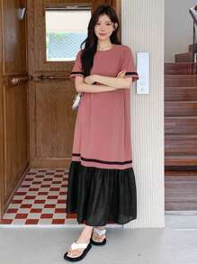 DAZY 女士撞色荷叶边下摆中长款短袖连衣裙，夏季休闲女装，教师装