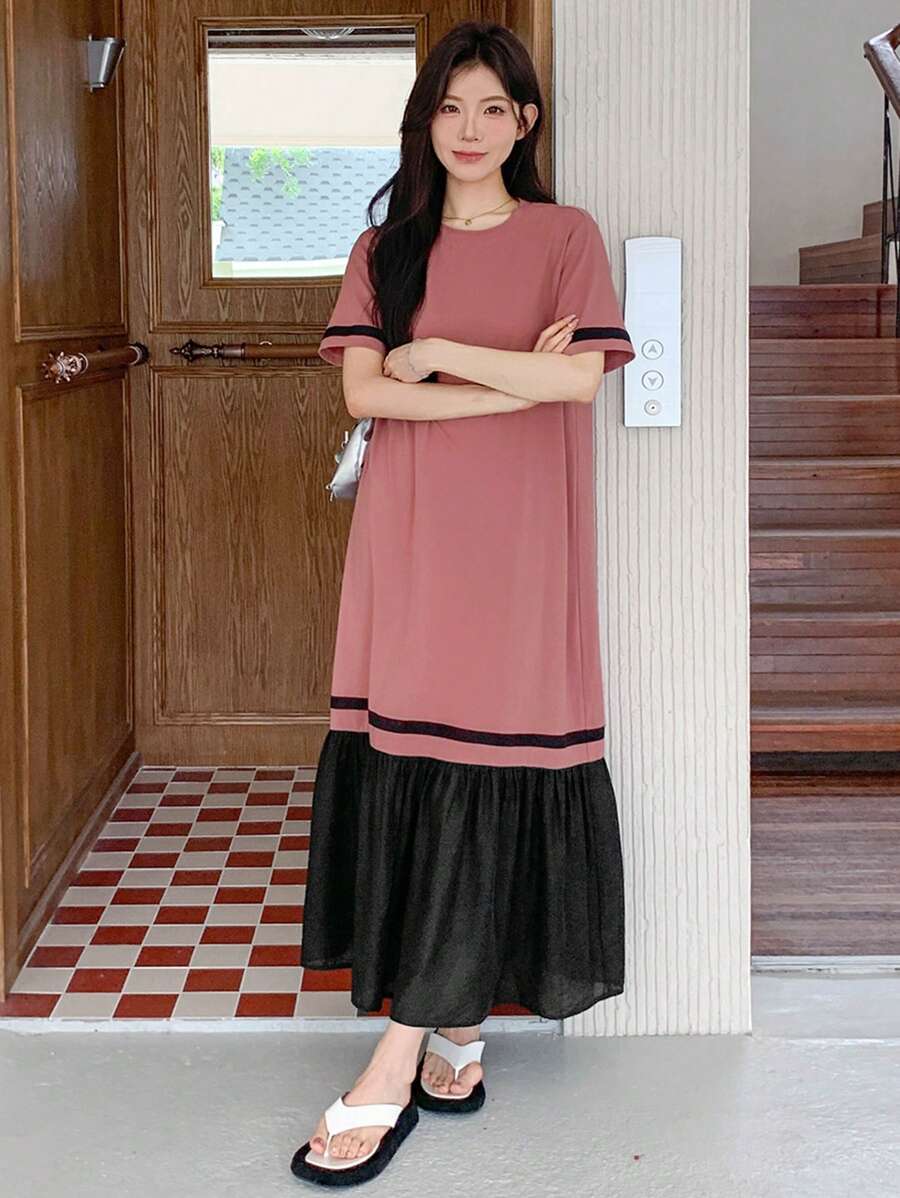 DAZY 女士撞色荷叶边下摆中长款短袖连衣裙，夏季休闲女装，教师装