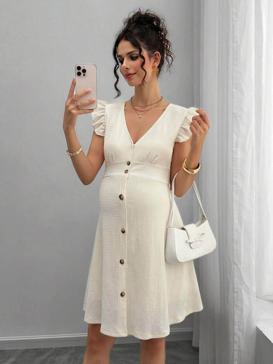 Momance Maternity V-Neck Single Breasted Cap Sleeve Casual Dress, Summer - Apricot - View 1