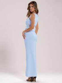 SHEIN BAE 女士黑色优雅蕾丝拼接真丝长裙，优雅女士连衣裙，派对女士服装，新年女士连衣裙，黑色女士连衣裙，新年女士服装，新年派对连衣裙 - 淺藍色 - 查看 2