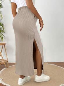 SHEIN Maternity Casual Rib Knit High Slit Adjustable Waistband Skirt - Grey - View 2