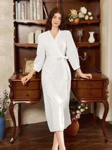 Bata elegante de estilo princesa con mangas abullonadas, ropa de estar en casa de estilo sureño francés para mujer - Blanco - Ver 4