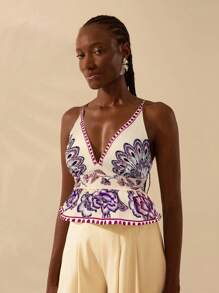 CAJUNI 女士波西米亚风彩色热带花卉印花深V领吊带露脐背心，休闲沙滩装，适合夏季度假