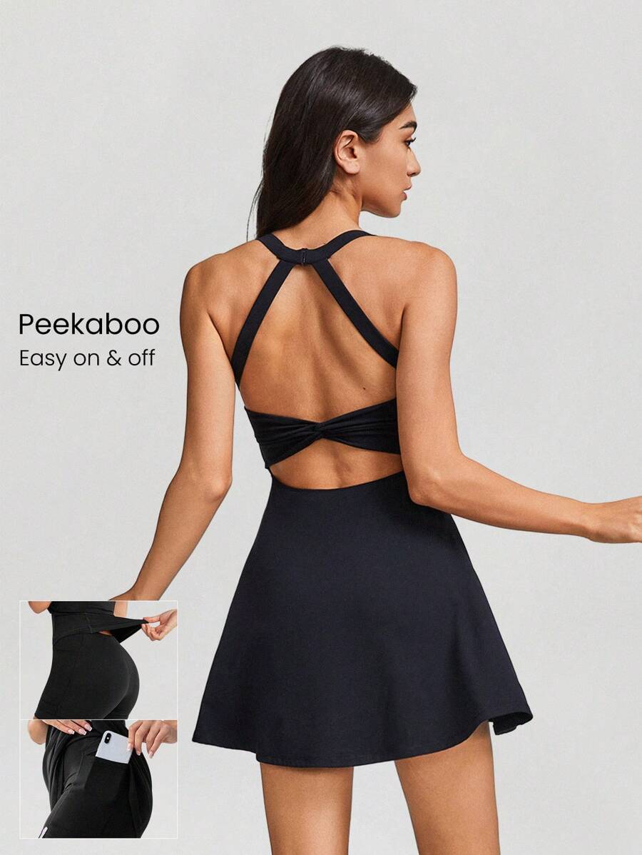 GLOWMODE FeatherFit™-Air Game Set A-Line Built-In Peekaboo Short Knotted Pocket Halter Dress Low Impact Daily  Quick Dry Moisture Wicking - Black - View 1