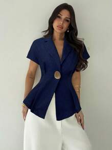 Firerie Damen Leinenhemd mit geraffter Taille und Metallknopf, kurzärmlig, formelle/legere Kleidung, Marineblau, Abschlussfeier, Lehrer-Outfits für Damen, Schulanfang, Lehrer-Outfits für Damen, Herbstkleidung für Damen, altes Geld, Büro-Outfits für Damen