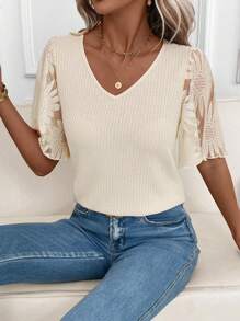 SHEIN Clasi Camisa T de Babados de Manga Remendada em Tecido Waffle Elegante Feminina, Versátil para Uso Diário, Transporte e Múltiplas Ocasiões