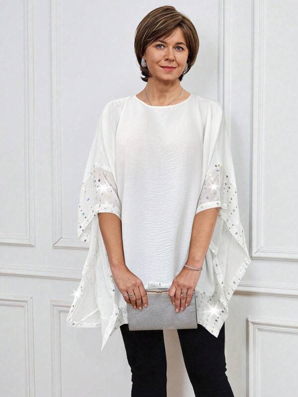 Miaspire Women's Elegant Party Round Neck Rhinestone Embellished Blouse, Spring/Summer