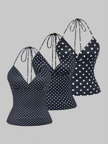 INAWLY 3pcs/Set Women's Polka Dot Camisole Top, Includes Large, Medium & Small Dot Patterns, Casual Holiday Style - Black and White - View 3