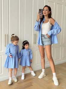 SHEIN Babygirl Cute Preppy Style Blue Long Sleeve Collar Dress, Mommy And Me Matching Outfits (2 Pieces Sold Separately) - Blue - View 3