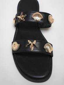 SHUZIA New Hot 2025 Women's Black Pu Double Strap Slider Sandal Slip-On Gold Seashell Design Non-Slip Beach Sandal Shoe Vacation Spring Summer Mother's Day Present - Black - View 4