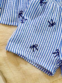 SHEIN 2 件套婴儿/幼儿女孩休闲日常可爱条纹蝴蝶结装饰吊带背心上衣 + 短裤套装，春夏季 - 藍色 - 查看 6