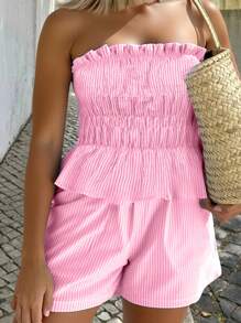 SHEIN VCAY Conjunto de top bandeau con volantes a rayas y shorts para mujer talla grande, conjunto informal de 2 piezas para vacaciones