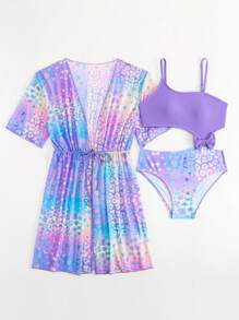 Ensemble maillot de bain une-pièce à imprimé floral violet + cache-maillot