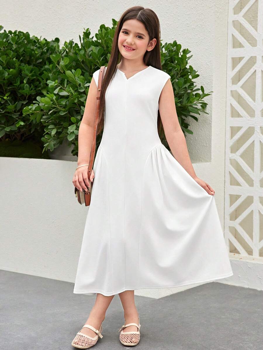 SHEIN Tween Girls' Elegant Round Neck Sleeveless Waisted Mid-Length Dress - White - View 1