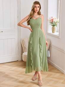 Modelyn French Elegant V-Neck Ruffle Hem Women's Dress - Green - View 5