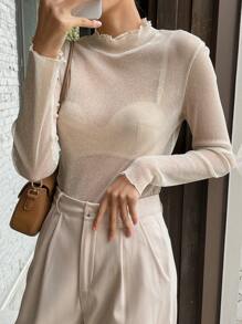 DAZY Lettuce Trim Mock Neck Mesh Top Without Bra Sheer Long Sleeve Women Tops,Fall Women Clothes - Beige - View 1