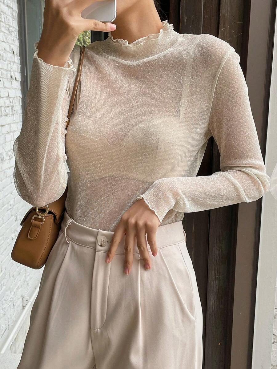 DAZY Lettuce Trim Mock Neck Mesh Top Without Bra Sheer Long Sleeve Women Tops,Fall Women Clothes - Beige - View 1