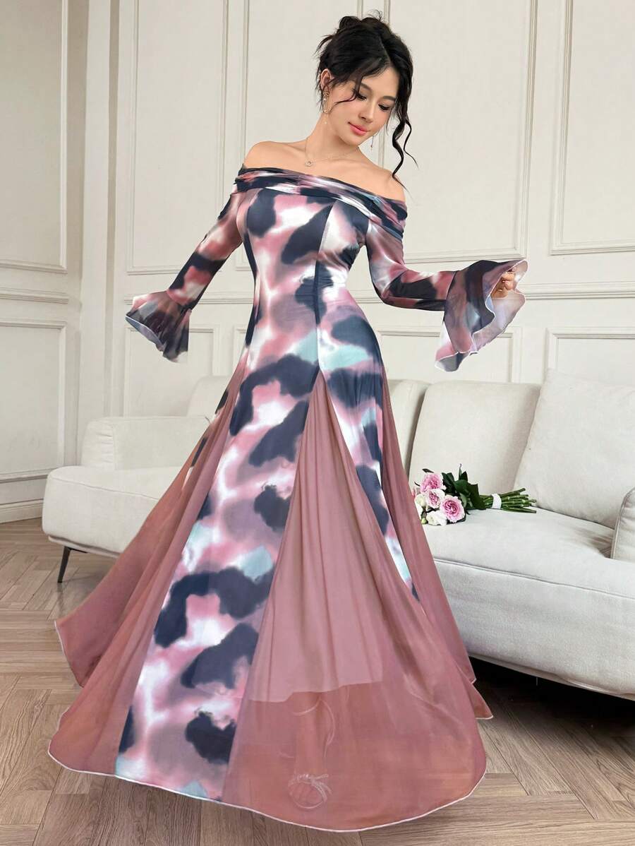 Modelyn Women's Long Off Shoulder Flare Mesh Romantic Tie Dye Design Korean Style Elastic Elegant Flare Sleeve Maxi Dress - Multicolor - View 1