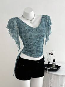 Elamini Women's Sexy & Fashion Mesh Paisley Pattern Side Drawstring Ruffle Trim Short Sleeve T-Shirt For Summer - Green - View 5