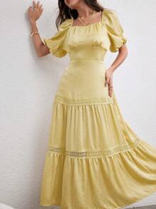 Modelyn Fashionable & Elegant Tie Neck Patchwork Knitted Yellow Dress - Yellow - View 3