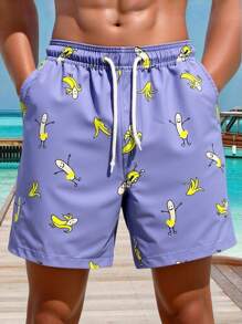 Manfinity Swimmode Shorts casuales de playa con estampado de plátano para hombres, ideal para vacaciones de verano